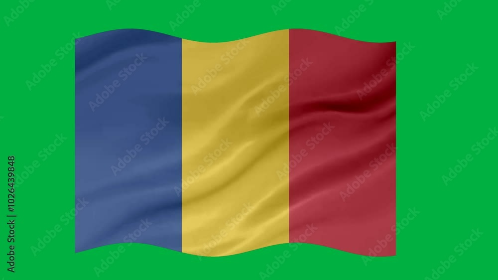 Poster romania waving flag loop animation with glowing 3d shade isolated on green background