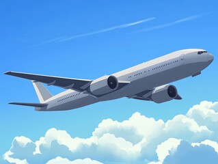 Obraz premium A white airplane flying high above the clouds with a bright blue sky behind it.