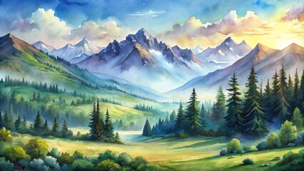 panoramic mountain landscape painted in watercolor