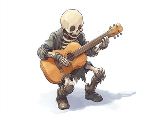 Cute Isometric Skeleton Playing Guitar in Watercolor Style