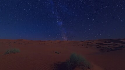 A vast desert landscape at night, with a stunning view of the Milky Way Galaxy stretching across the sky. The red sand dunes create a dramatic contrast with the twinkling stars.