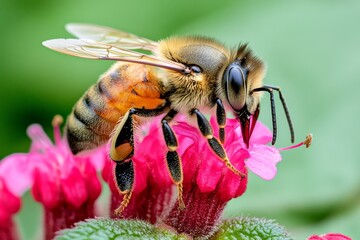 Fototapeta premium Close-up of a bee on a red dead-nettle flower, showing the interaction between the pollinator and the plant, with the beeâ€™s wings and the flowerâ€™s delicate petals in sharp focus