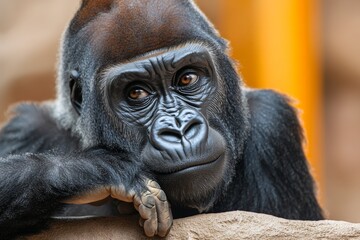 Obraz premium Close-up of a gorillaâ€™s hand, with the wrinkles and fur texture shown in vivid detail, resting on a rock as it looks pensively at the visitors