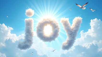 Naklejka premium Word joy in white clouds against blue sky with birds and warm glow