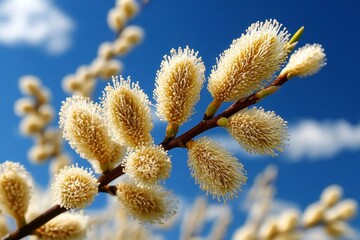 Fototapeta premium Close-up of a willow branch swaying in the breeze, its thin, flexible tendrils moving gracefully in the wind, with a backdrop of blue sky