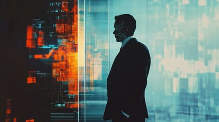 A man in business attire stands by a glass window, with a digital glitch effect overlaying his silhouette, suggesting themes of technology and data.