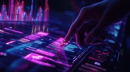A person analyzes financial charts with glowing digital data overlays, indicative of futuristic technology in business