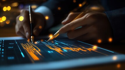 A professional hand holding a pen, signing documents with digital graphs and data overlays in a business environment.