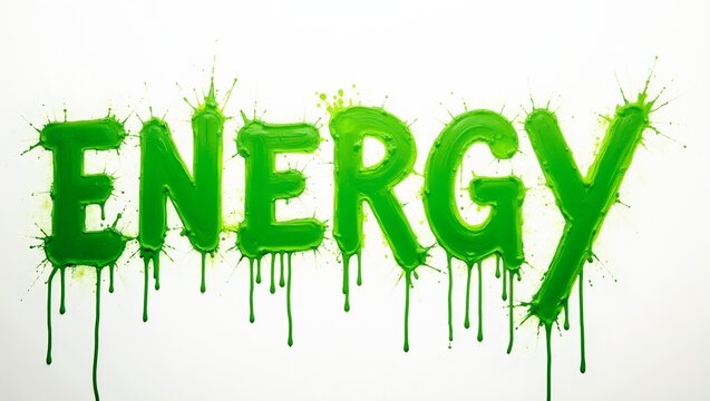 Dynamic neon green energy word splashed on white wall with dripping paint conveying motion
