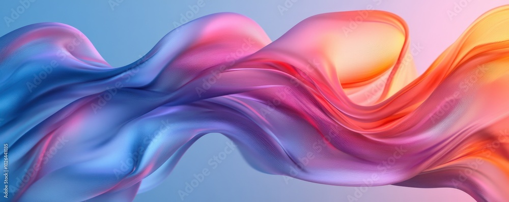 Poster dynamic digital art piece featuring vibrant abstract waves in blue and orange hues blending seamless