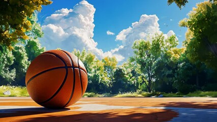 A basketball sits on an outdoor court on a sunny day with a blue sky and fluffy clouds above - Powered by Adobe