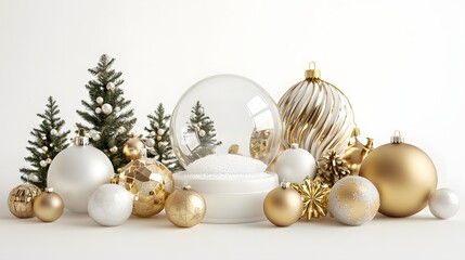 5. **Glistening Holiday Showcase**: Create a 3D render featuring a variety of gold and white ornaments and baubles, with an empty glass snow globe as the centerpiece. The scene should be isolated on