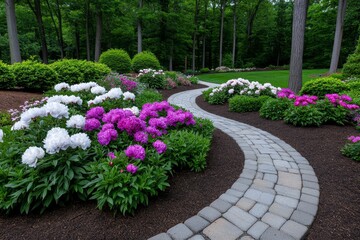 Fototapeta premium Cottage garden filled with peonies and hydrangeas, where a stone path winds through blooming bushes of pastel-colored flowers in a quaint rural setting