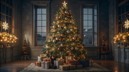 A huge Christmas tree adorned with bright lights and presents, creating a festive holiday atmosphere with gift boxes under the tree.