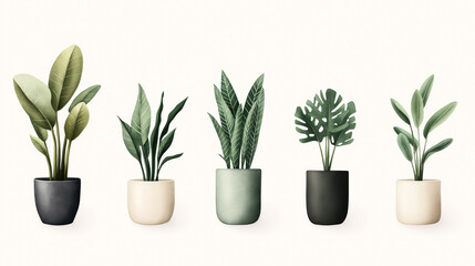 Fototapeta premium Illustration of five different potted houseplants with various leaf shapes and shades of green against a plain background.