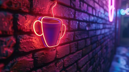 Warmly glowing neon coffee cup sign on dark brick wall creates cozy caf   atmosphere