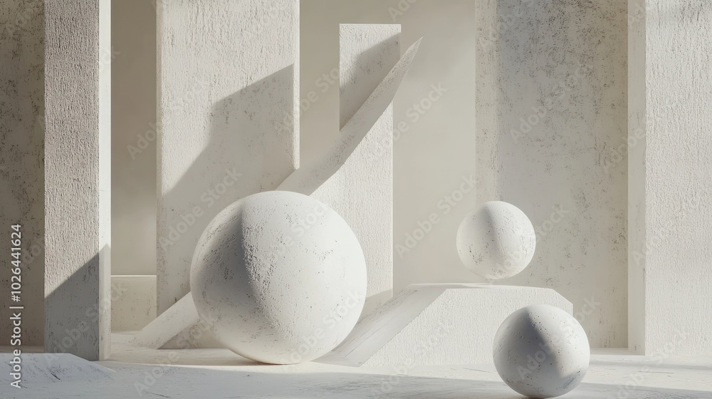 Poster abstract 3d rendering of white geometric shapes.