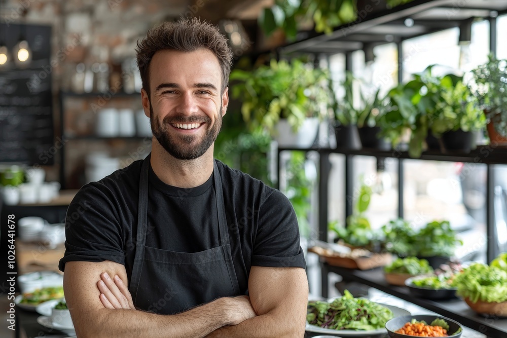 Wall mural smiling caucasian male chef in a black apron, surrounded by fresh ingredients in a bright, modern ca