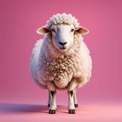 Fototapeta premium A fluffy sheep stands against a pink background, showcasing its woolly texture and charm.