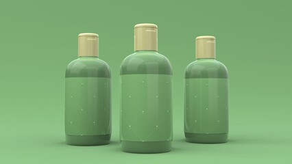 Elegant cosmetic bottles with label closeup on green background. Modern cover design. 3d illustration.
