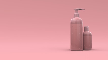 Elegant cosmetic bottles with label closeup on pink background. Modern cover design. 3d illustration.