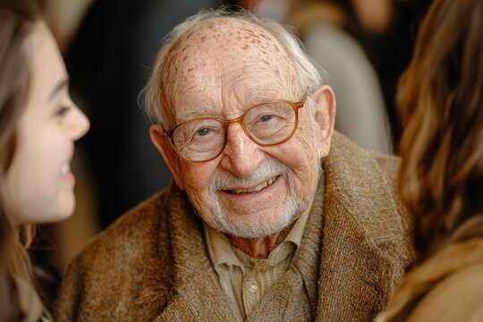 An elderly man with glasses and a warm smile, engaged in conversation with two young women, highlighting generational connection. - Powered by Adobe