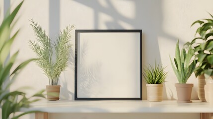 2. A minimalist square black frame propped up on a sleek white shelf, surrounded by a bright, airy interior with light hardwood flooring and decorative plants