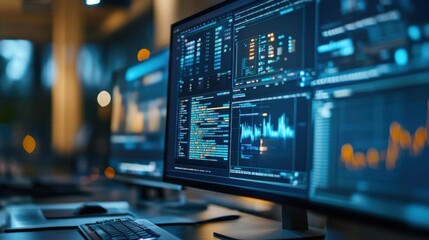 digital workspace showcasing variety of data visualizations and coding interfaces on multiple monitors, creating modern and tech savvy environment