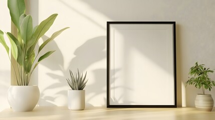 2. A minimalist square black frame propped up on a sleek white shelf, surrounded by a bright, airy interior with light hardwood flooring and decorative plants