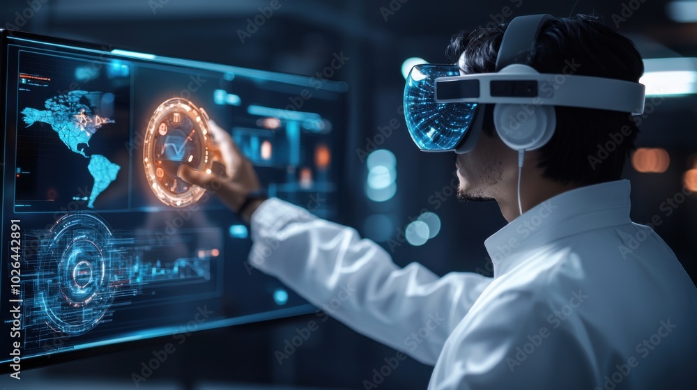 Poster person wearing virtual reality headset interacts with futuristic digital interface, showcasing advan