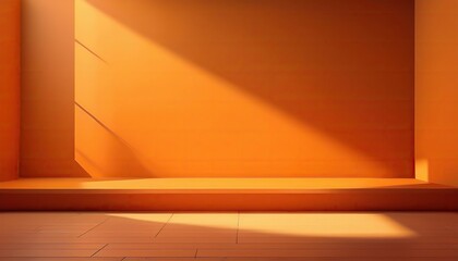  Empty floor and wall with product podium. Shadow overlay from window to countertop. Mockup illustration with sunlight