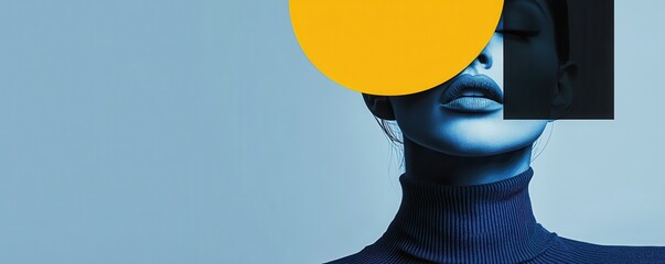 Minimalist collage with bold colors featuring a figure with an abstract geometric design covering the face