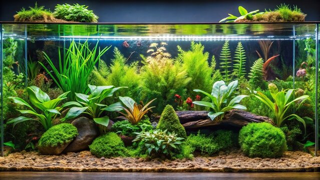 Panoramic planted freshwater aquarium with Java Fern