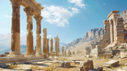 Awe inspiring ancient city with colossal stone blocks and roman temples under clear blue sky