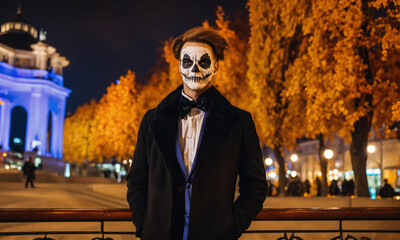 man in halloween costume and skull face paint. and in the background a square at night on Halloween. generative ai