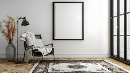 4. A contemporary square black frame resting against a smooth white wall in a cozy corner, featuring warm hardwood floors and a plush rug