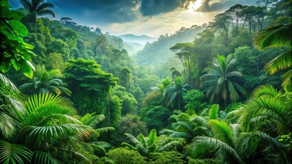 Panoramic rainforest landscape with lush green vegetation