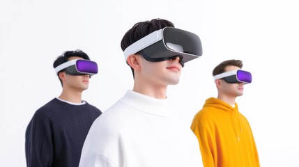Immersive virtual reality experience with three individuals wearing VR headsets, showcasing advanced technology and remote collaboration. scene highlights innovation and modern interaction