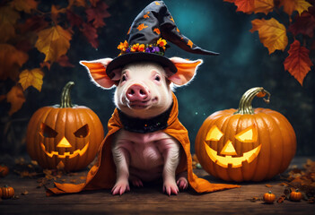 pig on halloween with witch hat. generative ai.