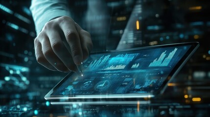 Businessman Analyzing Digital Financial Charts on Tablet with Graphical Data Overlay for Market In