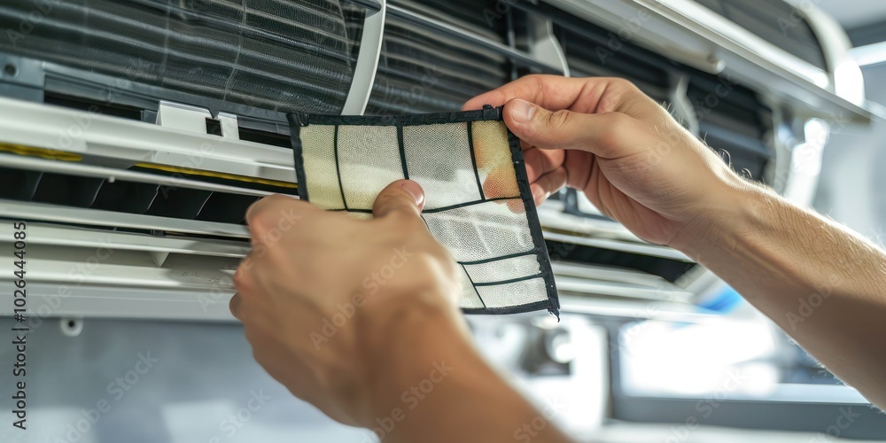 Poster close-up of hands replacing a filter in an air conditioning unit.