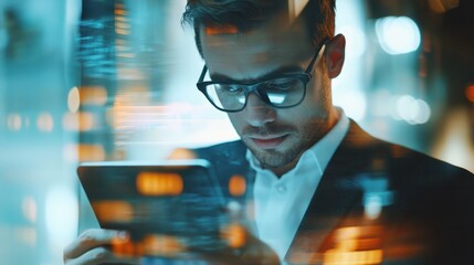 businessman using digital tablet in modern office. double exposure, business concept