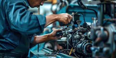 Close-up of a worker repairing a malfunctioning machine in a factory.