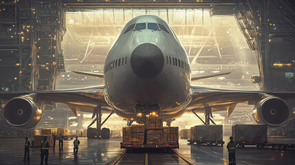 A front view of a cargo plane on a loading ramp, with workers directing the placement of goods into the cargo hold