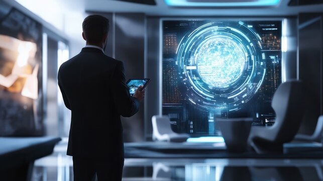 Businessman using tablet with hologram network overlay in futuristic modern office space