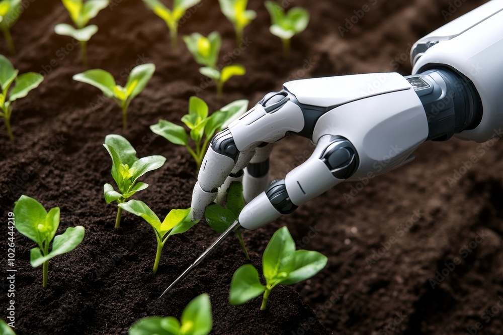 Poster futuristic robotic gardener planting seedlings, using precision tools and advanced technology to pla