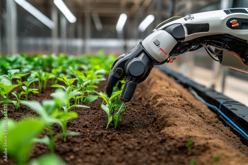 Poster futuristic robotic gardener planting seedlings, using precision tools and advanced technology to pla