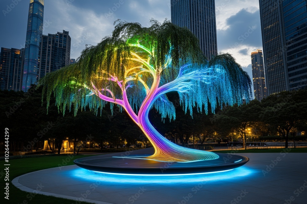 Poster futuristic willow tree in a high-tech park, with glowing, neon branches and leaves that change color