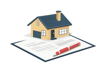 Illustration of a house model on a legal document with a red pen, representing real estate, mortgage, or home ownership agreements.