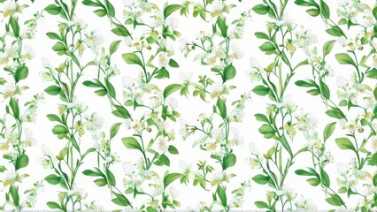 A floral pattern featuring white flowers and green leaves on a light background.